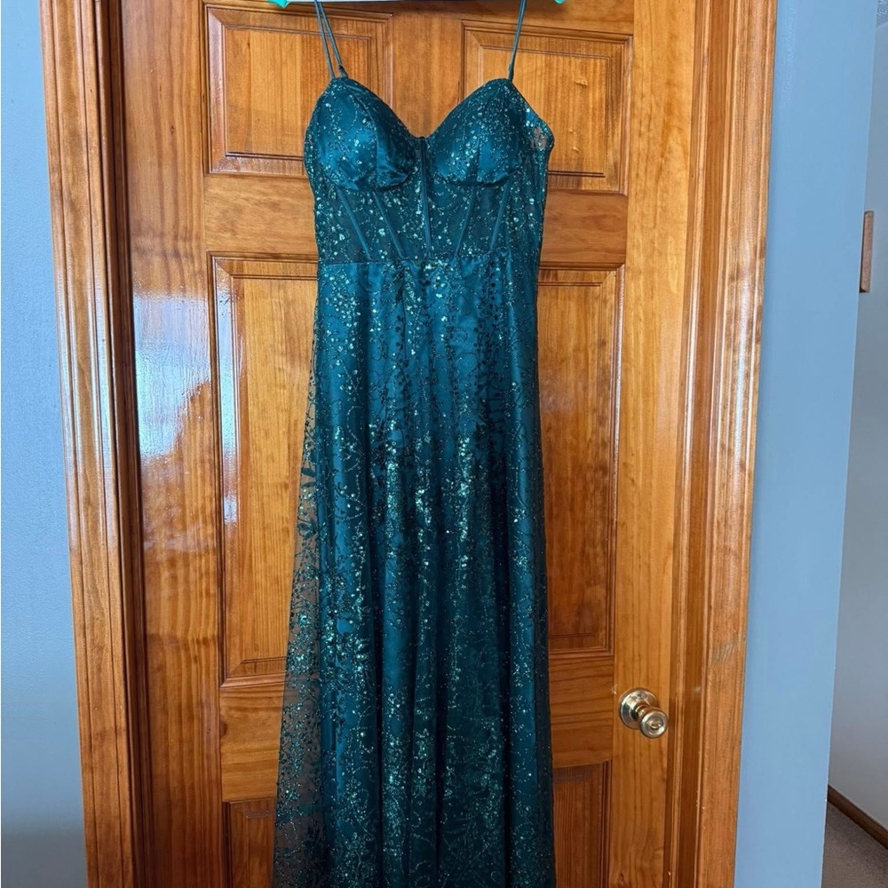 Teal Sequin Strapless Gown